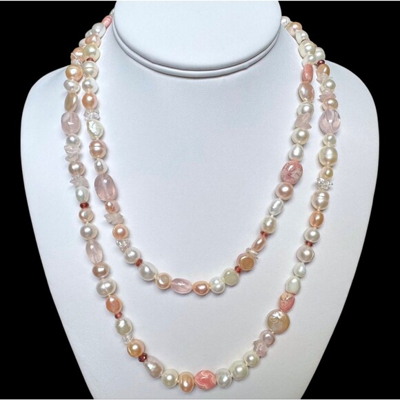 Vintage Honora 40" Pearl & Gemstone Necklace & Bracelet Set Pink Rhodochrosite - Picture 5 of 16